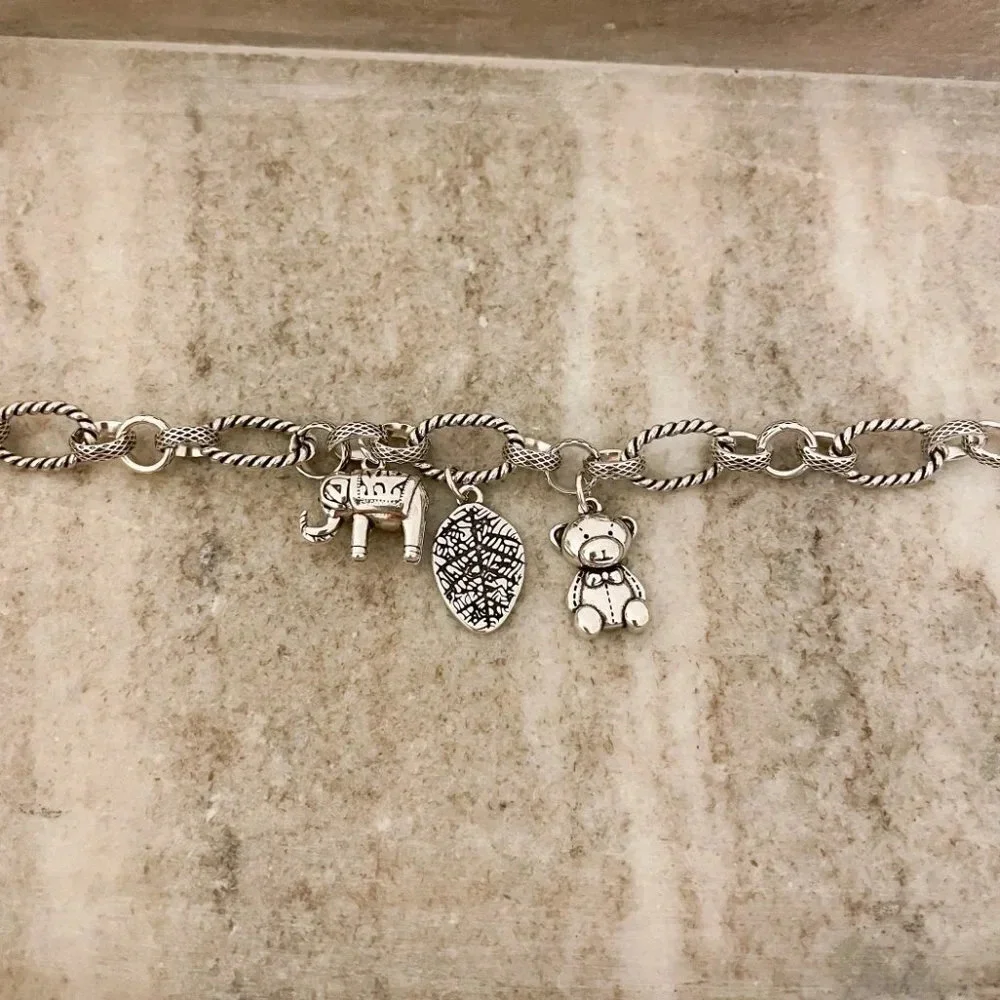 925 Sterling Silver Elephant Bear Leaf Charm Bracelet Chain Link Bracelet